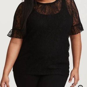 Torrid Black Ruffle Sleeve Lace Short Sleeve Tee